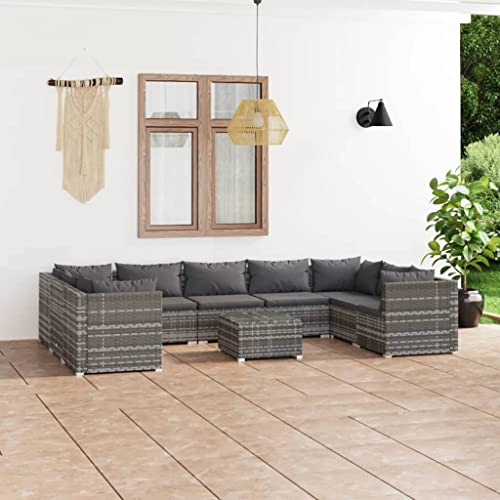 Mandloder Juego de 10 muebles de jardín de polirratán gris, sofá modular con cojines de antracita, para terraza, balcón, jardín