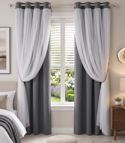 PONY DANCE Blackout Curtains 84 Inches Long - White Sheer Overlay Thermal Insulated Curtains for Living Room, Cortina para Sala (W52 x L84 inch, Grey, One Pair Grommet Drapes, with Tie Backs)