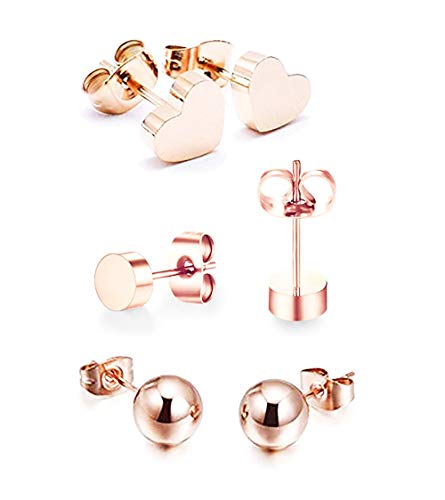 Juego de 3 pares de pendientes para mujer, chapados en oro rosa de 14 quilates, de acero inoxidable con forma de bola de frijol y corazón, para mujeres, hombres, niñas, niños, sin níquel