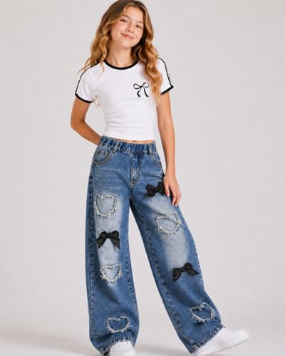 Image of Azmxynol Tween Girl Clothes Short Sleeve Top + Butterfly Design Jeans 2 Pieces Spring Summer Outfit Set, Size 6-16 Years