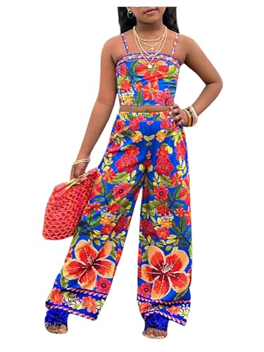 Image of Floerns Girl's 2 Piece Outfit Hawaiian Tropical Crop Cami Tops and Boho Pants Set