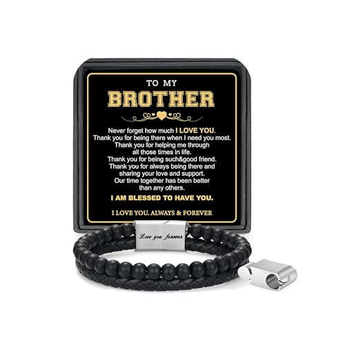 LUXEJEW Birthday Gifts for Brother Adult - Mens Bracelet Big Brother Gifts from Sister To My Brothers Bracelet Black Leather Beaded Bracelets for Men Fathers Day Christmas Gift Ideas Birthday Present