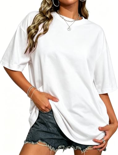 Image of AIYINO Women's Cotton Tshirts Oversize Loose Plain White Basic Tee Tops L