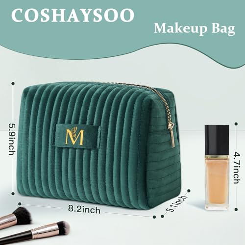 COSHAYSOO Personalized Unique Gifts for Women Birthday Anniversary Wife Girlfriend Initial Quilted Makeup Bag Green Make Up Cosmetic Travel Velvet Skin Care Lip Liner Gloss Brush Organizer Letter M2