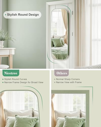 Nicetree LED Mirror Jewelry Cabinet, Rounded Jewelry Armoire Organizer, Wall or Door Mounted Jewelry Organizer with Interior Mirror, Lockable Wide Mirror with Jewelry Storage, 2 Drawers, Green - Thumbnail 4