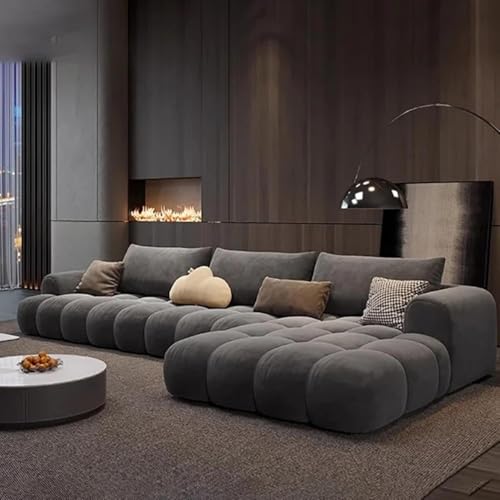 Image of Modern Classic Cloud Puffy Velvet Sofa Tufted Structure Round Arm L-Shaped Sofa Set Supported Round Back with Throw Pillows for Living Room, Hallway Apartment (Dark Grey)