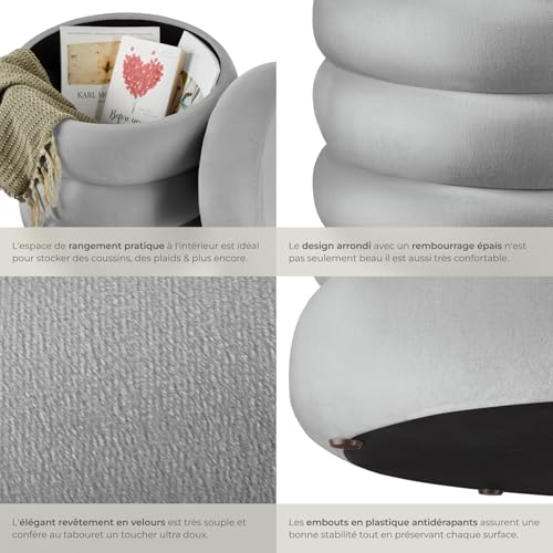 tectake® Tabouret Rond rembourré Rangement intégré Ø42 x 47 cm Velours - vue 6