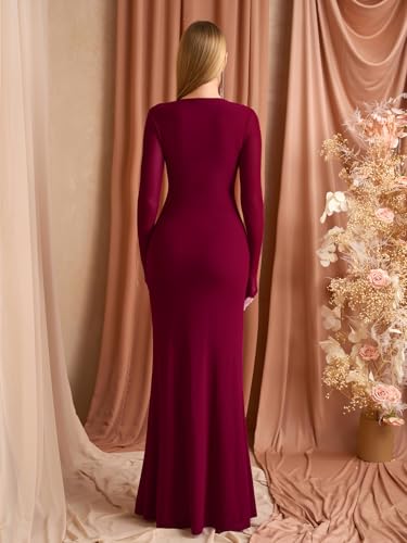 EYNMIN Long Sleeve Maxi Dress V Neck Ruffle Bodycon Mesh Elegant Formal Wedding Guest Dresses for Women 2025 Fall3