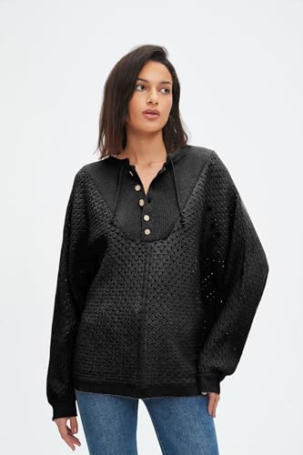 Image of EZAPINE Women's Oversized Crochet Sweater Pullover Drawstring Long Sleeve Button Hollow Out Knit Crochet Top Blouses
