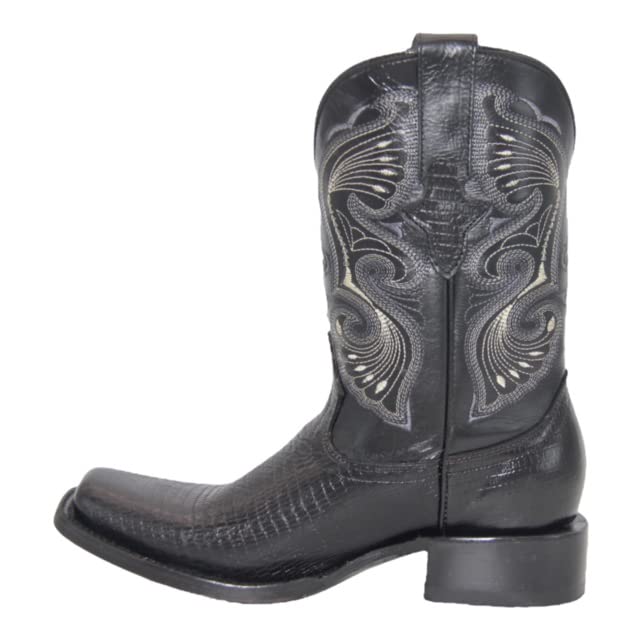 Men's Genuine Leather Lizard Print Black Cowboy Boot Square Toe Mid Calf3