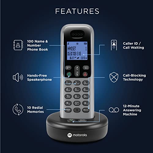 Motorola Voice Cordless Phone System w/Digital Handset + Answering Machine, Remote Access, Call Block - Dark Grey (T611) - Thumbnail 3