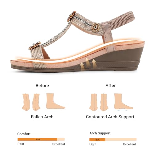 Image of Wedge Sandals for Women Dressy, Woman's Sandal Comfortable Low Wedges Heels Ankle Elastic Strap Sandles with Flower Rhinestones