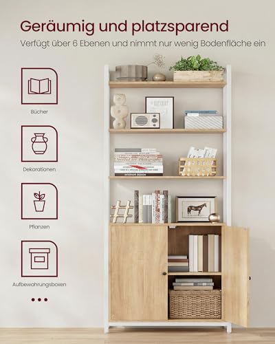 VASAGLE Bücherregal, 6 Ebenen, Regal, Standregal mit Türen, Metallrahmen, verstellbaren Ablagen, 24 x 60 x 159,5 cm, für Wohnzimmer, Schlafzimmer, goldeichenfarbe-mattweiß LLS133YA01