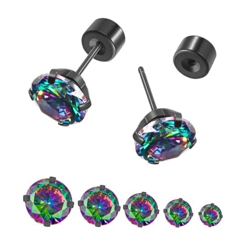 5 Pairs Threadless Flat Back Stud Earrings for Women Men, Cubic Zirconia 3/4/5/6/8mm, Surgical Steel Stud Earring Sets for Cartilage Helix Tragus Piercing Jewelry(Black) Cover