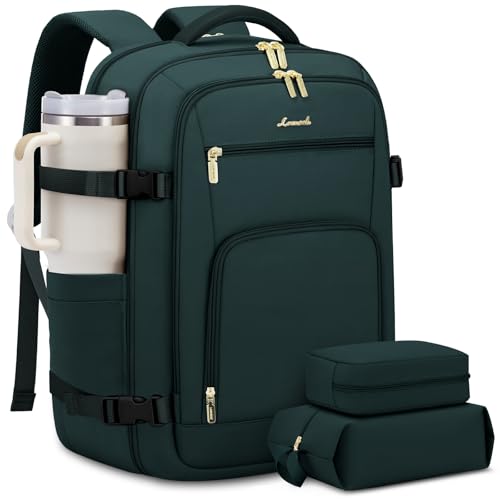 Image of LOVEVOOK Carry On Travel Backpack For Women Men Flight Approved, 40L Personal Item Backpack for Airplanes, Business Weekender Overnight Daypack Fits 17 Inch Laptop, With 2 Packing Cubes, Dark Green