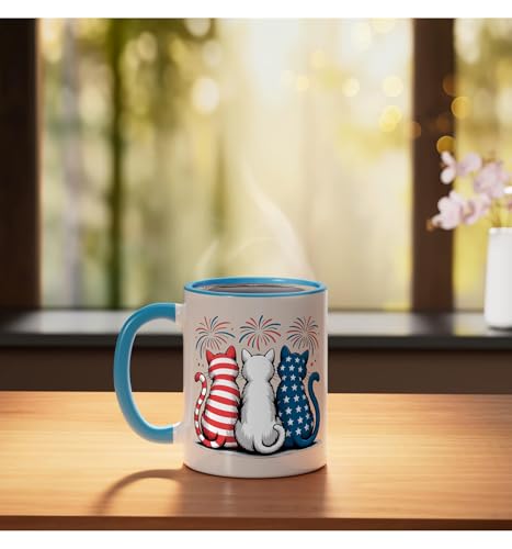 Taza cerámica patriótica con diseño gato USA azul/blanco miniatura 3