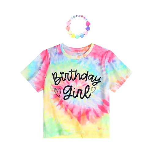 Girls' Birthday Girl Letter Print T-Shirt with Bracelet, Pink, Size 4-12Y, Short Sleeve