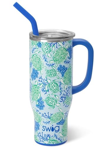 Swig Life 30oz Mega Mug, 30 oz Tumbler with Handle and Straw, Cup Holder Friendly, Dishwasher Safe, Extra Large Insulated Tumbler, Stainless Steel Water Bottle (Shell Yeah)