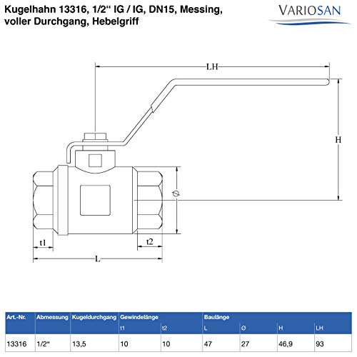 VARIOSAN Kugelhahn 13316, 1/2 IG/IG, DN15, Messing, voller Durchgang, Hebelgriff