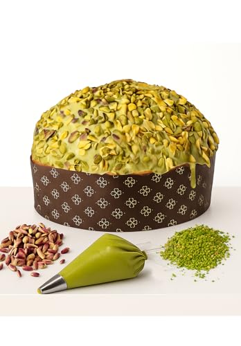 DOMINIQUE - Panettone Artigianale Pistacchio di Sicilia, Lievitazione Naturale, con sac à poche Crema al Pistacchio da spalmare e Glassato con Cioccolato a latte e Croccante Granella di Pistacchi. 1Kg