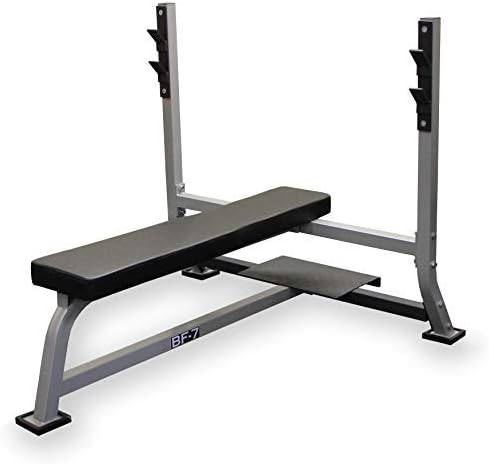 Valor Fitness BF-7 Olympic Weight Bench Press with Spotter Stand, 2 Safety Catches Max Weight 500 lbs - Flat 3" Thick Pad - Power Lifting Barbell Workout, Strength Training Home Gym Equipment-Optional Barbell and Weights