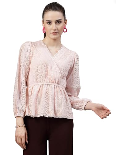 Image of Style Quotient Women Peach Lace Casual Top