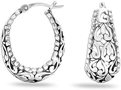 LeCalla Sterling Silver Jewelry Floral Filigree Light-Weight Oval Hoop Earrings for Women Girls