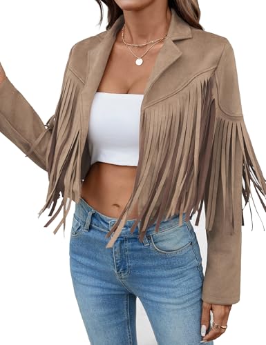 MATEAM Womens Faux Suede Fringe Leather Jackets Tassel Cardigan Cropped Coats Disco Cowgirl Outfit Plus Size Clothes For Women 2025 Apricot XXL