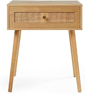 BTFY Rattan Bedside Table - Nightstand w/Ash Wood Veneer - Wicker Bedside Cabinet - Scandi Style 1 Drawer Bedside Table for Bedroom w Tapered Legs & Gold Handles - Cane Bed Side Table for Living Room