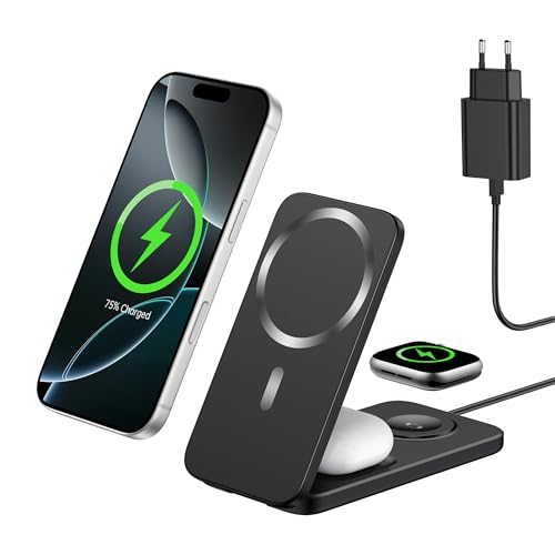 Caricatore Wireless 3 in 1 Compatibile MagSafe, Stazione di Ricarica Magnetica Pieghevole 15W per iPhone 12-17, Apple Watch e AirPods Dock di Ricarica Wireless per Scrivania Comodino e Viaggio