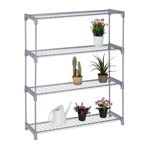 Relaxdays Estantería para Plantas, 4 Niveles, Mueble Macetas Flores y Hierbas, Soporte Metálico, 106 x 91 x 28 cm, Gris, Acero, Plástico