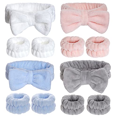 hoyuwak 12Pcs Headbands Wristbands Set for Washing Face, Knotted Spa Head Bands Wrist Towels Skincare Hair Bands Arm Bands for Womens Girls Makeup Facial Bath(White, Pink, Blue, Gray)