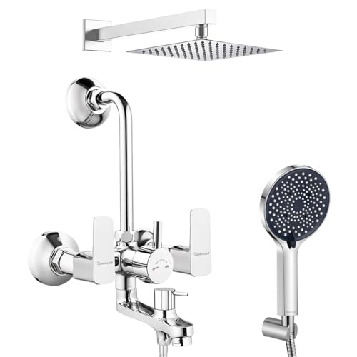 Image of Cube Series, Brass Wall Mixer For Bathroom | 3 in 1 with 8 x 8 Inches Overhead Shower Set | Mist Hand Shower Set with 1.5 Meter Hand Shower Pipe | Wall Mixer | Shower Set (Chrome)