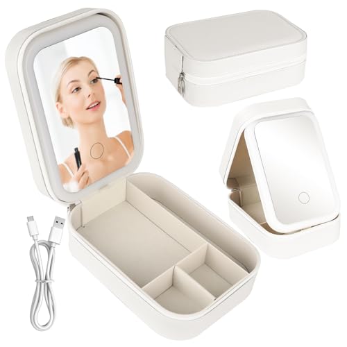 DAOUZL Maletín Maquillaje con LED Espejo, Bolsa de Cosméticos con 3 Luces de Relleno de Color, Bolsa de Maquillaje Portátil, Luz LED Estuche de Cosméticos, Maletín Maquillaje con Espejo Led