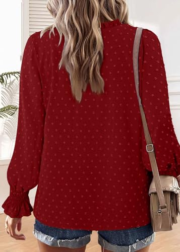 BETTE BOUTIK Women Boho Long Sleeve Shirts Dressy Casual V Neck Fall Fashion Tops Swiss Dot Flowy Blouses