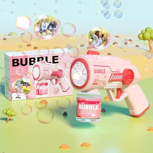 Pistola de bolhas para crianças, máquina automática de bolhas de sabão, com 20 orifícios/LED/100 ml solução bolhas e autocolante, portátil máquina de fazer bolhas para festa ao ar livre casamento,