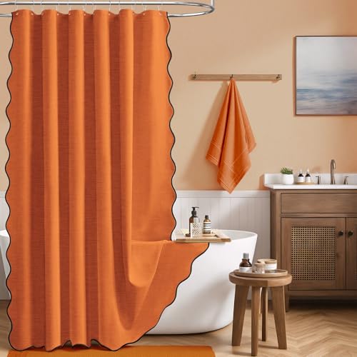 BTTN Burnt Orange Scalloped Shower Curtain Linen Textured Heavy Duty Fabric Shower Curtain Set with 12 Plastic Hooks Rustic Modern Farmhouse Waterproof Cloth Shower Curtain for Bathroom 72x72