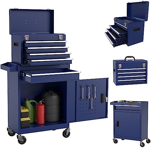5-Drawers Rolling Tool Chest Tool Box with Wheels, 2-in-1 Detachable Tool Storage with Large Cabinet and Sliding Drawers, Removable Tool Box Organizer with Lockable for Garage, Workstation (darkblue)