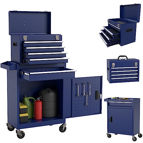 5-Drawers Rolling Tool Chest Tool Box With Wheels, 2-In-1 Detachable Tool Storage With Large Cabinet And Sliding Drawers, Removable Tool Box Organizer With Lockable For Garage, Workstation (Darkblue) #TOP3