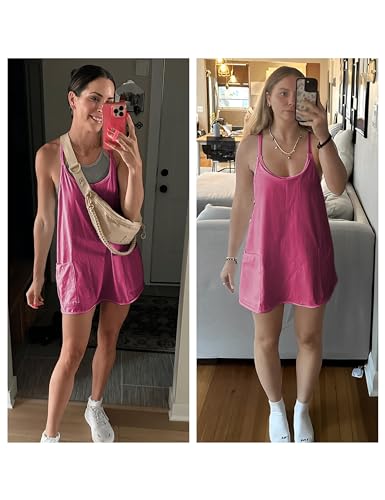 Image of Womens Athletic Sundress with Built-in Shorts Golf Tennis Romper | Sleeveless Mini Spaghetti Strap dress Functional side pockets tummy-friendly fit casual beach vacation