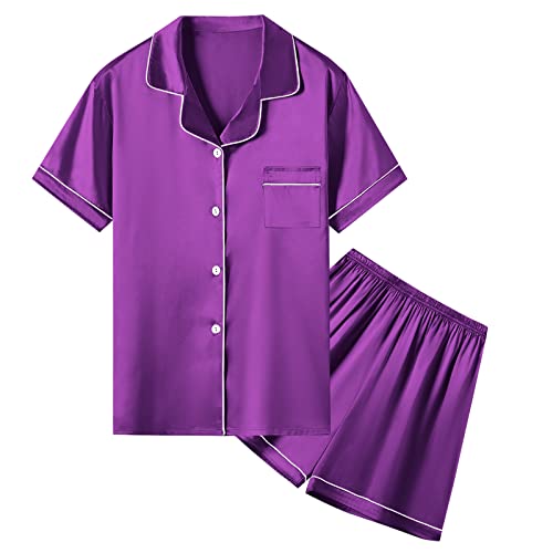 Image of Umeyda Women & Girls Pajamas Set, 2 Piece PJS Satin Silk Sleepwear Button-Down Top with Shorts for Mom Kids Gifts