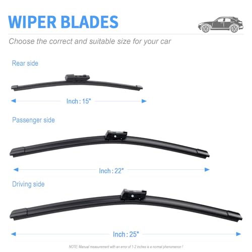 Image of Gavimnal Silicone Wiper Blades Replacement For Volkswagen Tiguan 18-22 | 25 inch+22 inch Front & 15 inch Rear, All-Weather, Streak-Free, OE-fit, Quiet, Easy One-Click Install