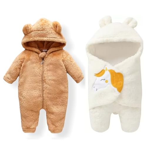 Image of BABYZONE Baby Bear Hooded Fleece Romper and Swaddle Wrap Set, Plush Teddy Design, Brown (2, Brown&White, Baby)