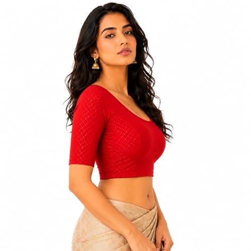 Image of Fressia Fabrics Pure Cotton 4-Way Stretch Readymade Blouse for Women | Free Size to 4XL Stretchable Round Neck Dobby Cotton Half Sleeve Readymade Saree Blouse for Women Stylish