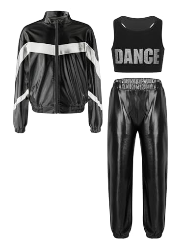 Jhaoyu Kids Girls Metallic Dance Outfits Stripe Jacket Coat Corp Top And Waist Pants Modern Hip Hop Dancing Tracksuit3