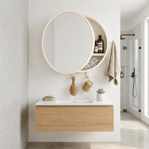 Image of CIPLA PLAST Rich Look Bathroom Cabinet with Mirror | Storage Organiser | Strong Plastic Bathroom Shelves Wall Mounted | Bathroom Accessories| Mirror Cabinet (2, Ivory, Round)