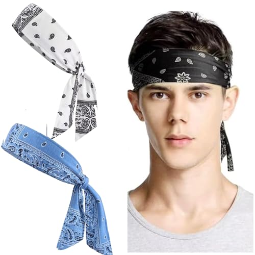 Image of Sweat Sweatband Headband Men, Ninja Headbands, Sports Head Tie, Mens Paisley Headband Long Hair, Athletic Head Band - White Blue & Black Combo