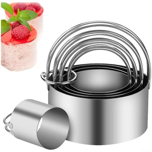 Juego de anillos redondos de acero inoxidable de cinco piezas con asas para una forma consistente de pasteles, galletas y rondas de postre