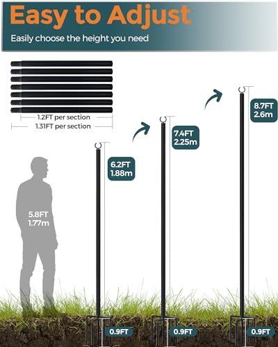 LAND·VOI Metal String Light Poles for Outside Hanging - Backyard, Garden, Patio, 4 Pack Lighting Stand with Adjustable Height for Outdoor Parties, Wedding, Extra-Long 5-Prong Claws, (9.6FT) FLP04B