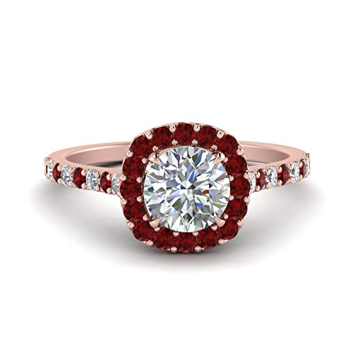 Image of Choose Your Gemstone Round Diamond CZ Square Halo Ring Rose Gold Plated Round Shape Petite Engagement Rings Matching Jewelry Wedding Jewelry Easy to Wear Gifts US Size 4 to 12